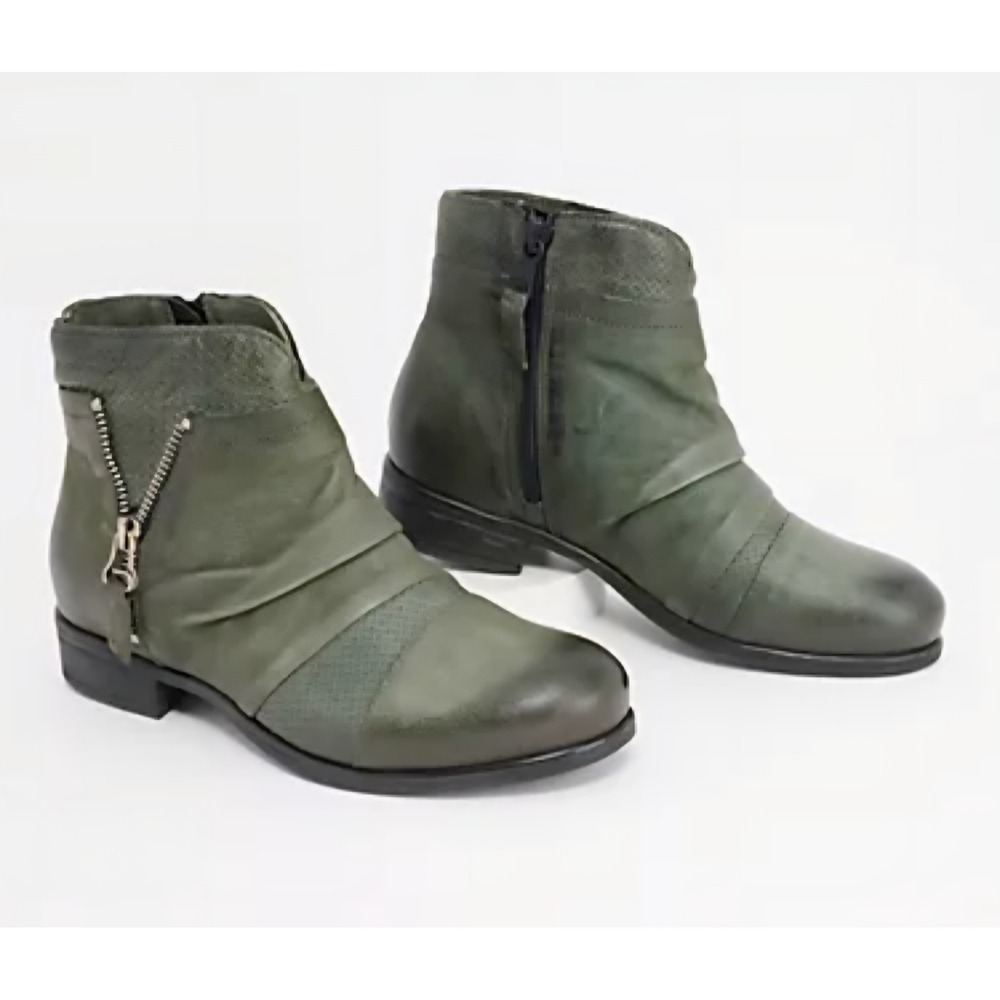 Miz Mooz Sunny Wide Sage Green Leather Ruched Ankle Boots Size 40 W